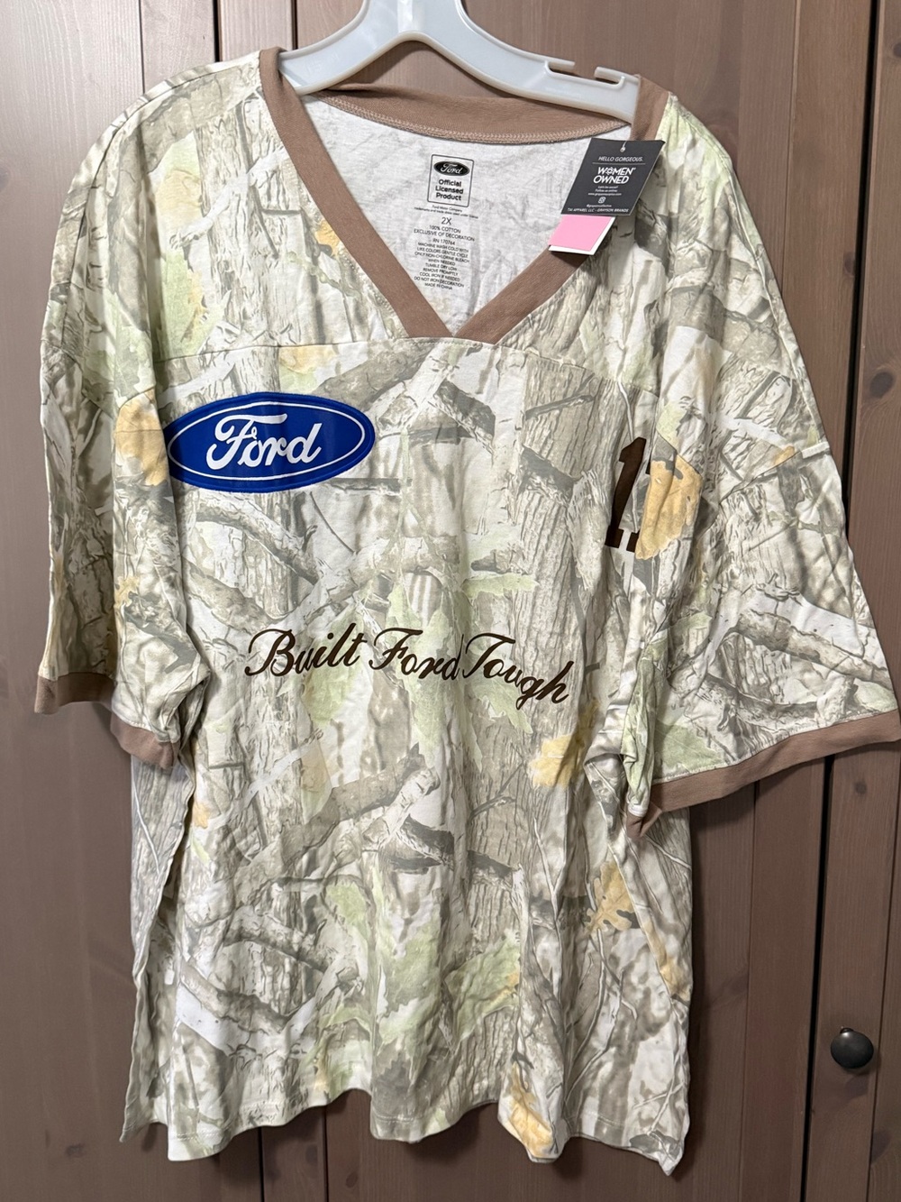 Ford Women’s V-Neck Camouflage Tee in Tan and Green